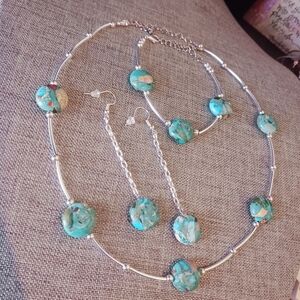 Boho Chic Turquoise Colored Sea Jasper Necklace Jewelry Set - New Item